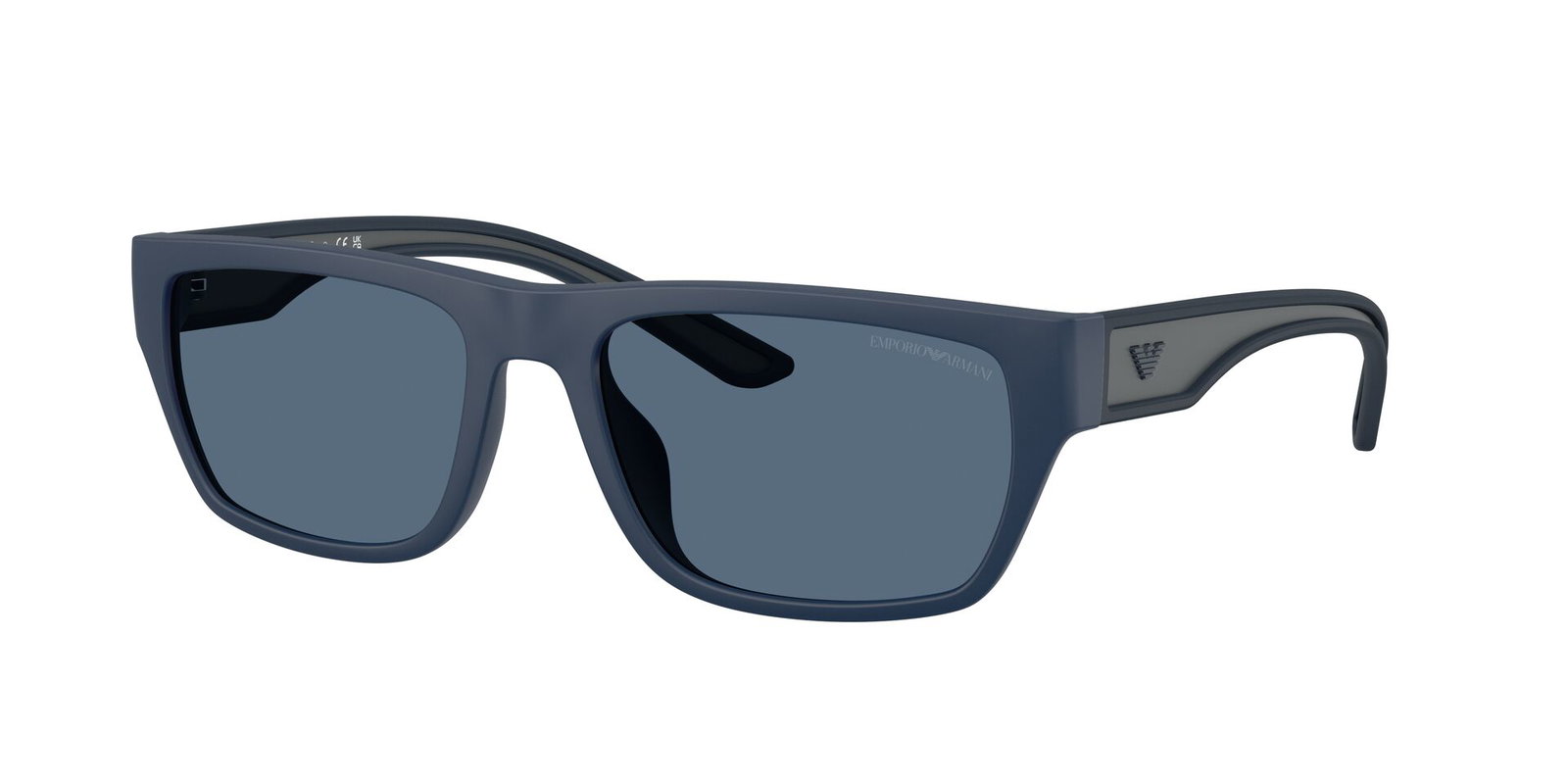 Das Bild zeigt die Emporio Armani Sonnenbrille EA4267U in mattblau gummiert leicht seitlich.